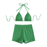 Strukturierter Neckholder-Bikini mit freiem Rücken und Bindeband